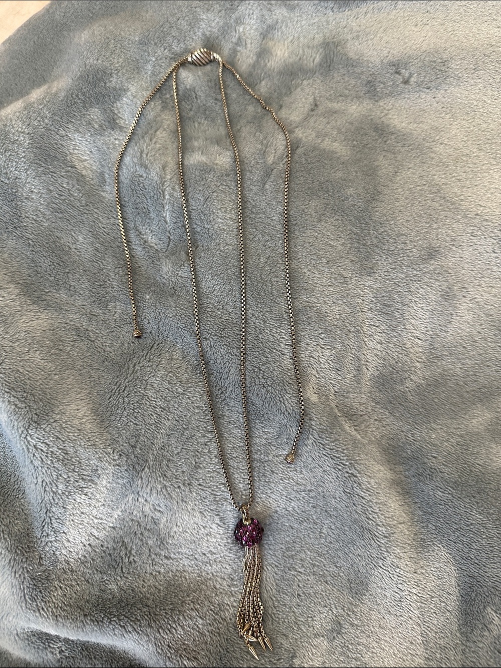 David Yurman Silver Long Necklace with Purple Gem Tassel.Authentic Yurman